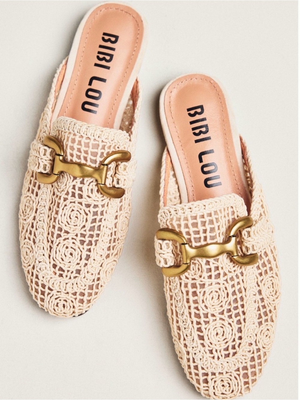 NEW! Bibi Lou Cream Crochet Slip-On Mule with Gold Hardware